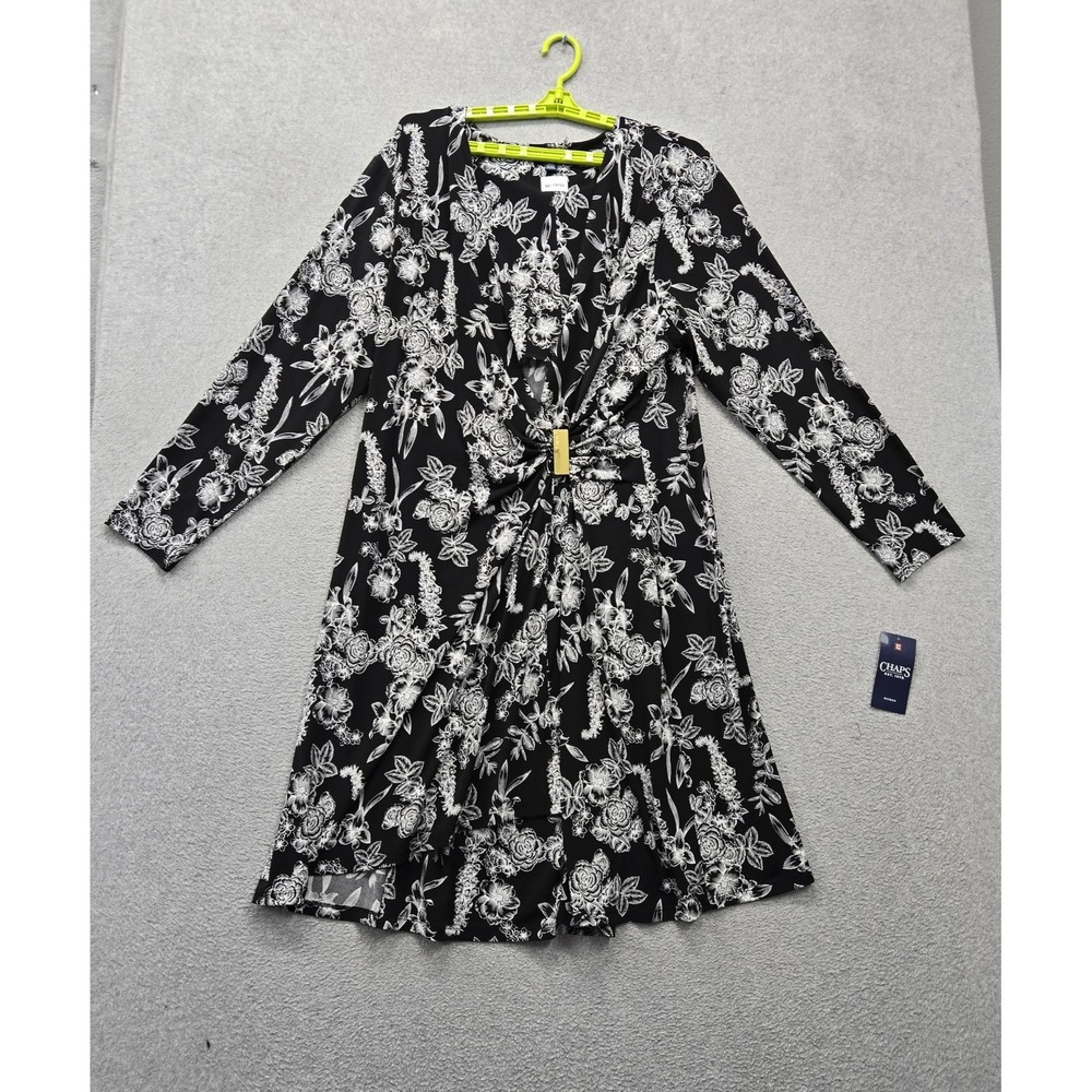 Chaps Women Dress 22W Black Floral Knee Length A Line Faux Wrap Twist Front NWT